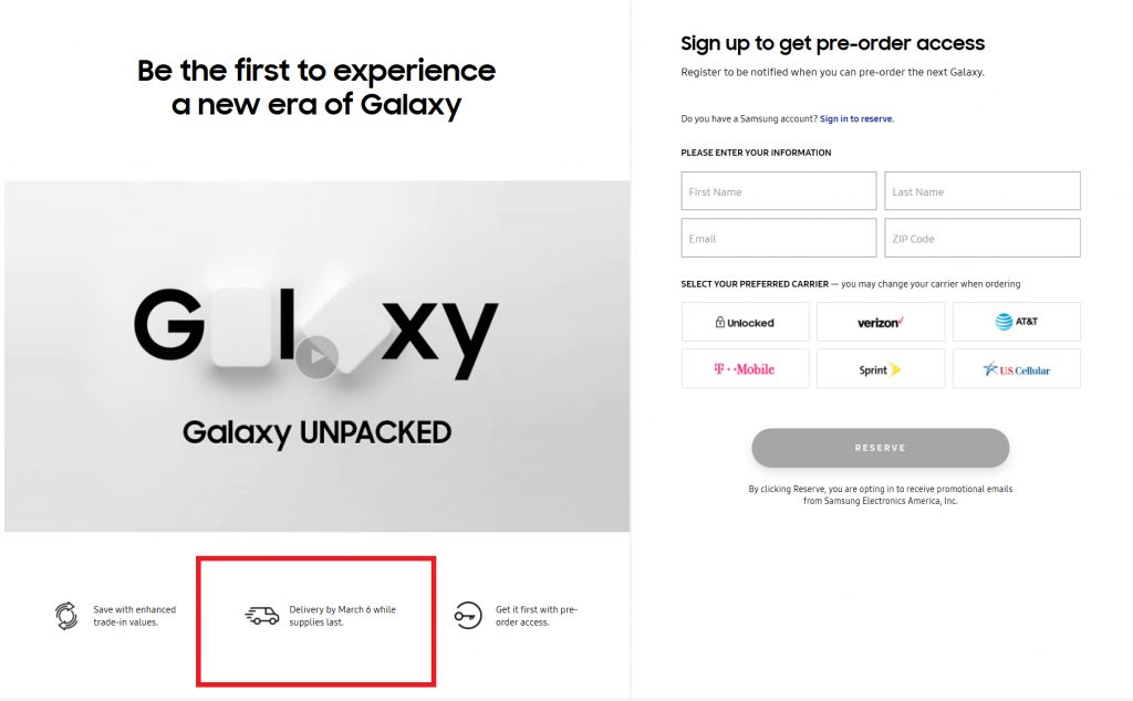 samsung galaxy s20 registration